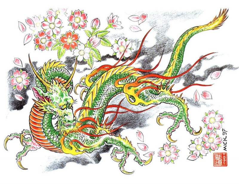 Green chinese dragon with orange belly and rich cherry blossom tattoo design