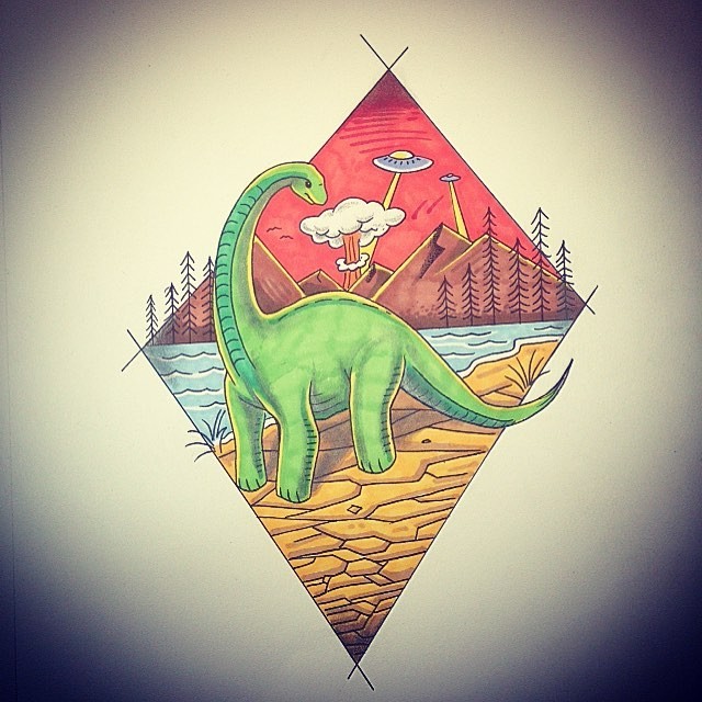 Green dinosaur and UFO framed with rhombus tattoo design