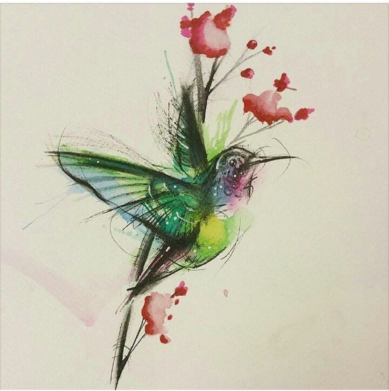 Green drawn hummingbird and red watercolor splashes tattoo design