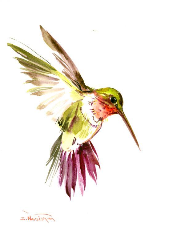 Green hummingbird with purple tail and orange neck tattoo design