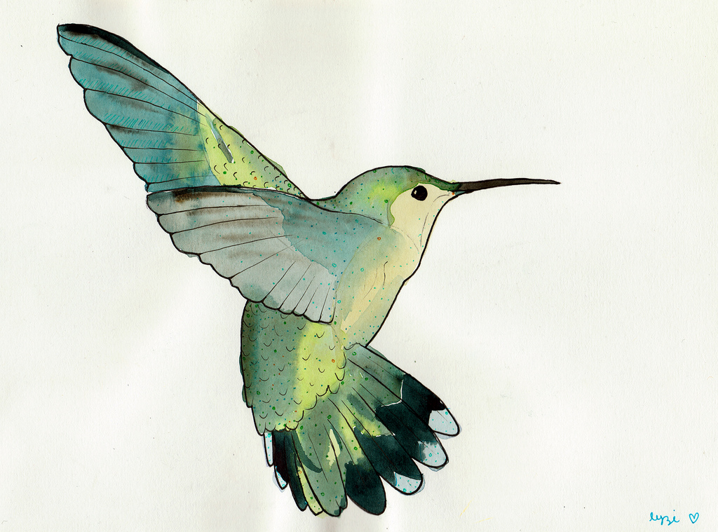 Green hummingbird with watercolor effect tattoo design