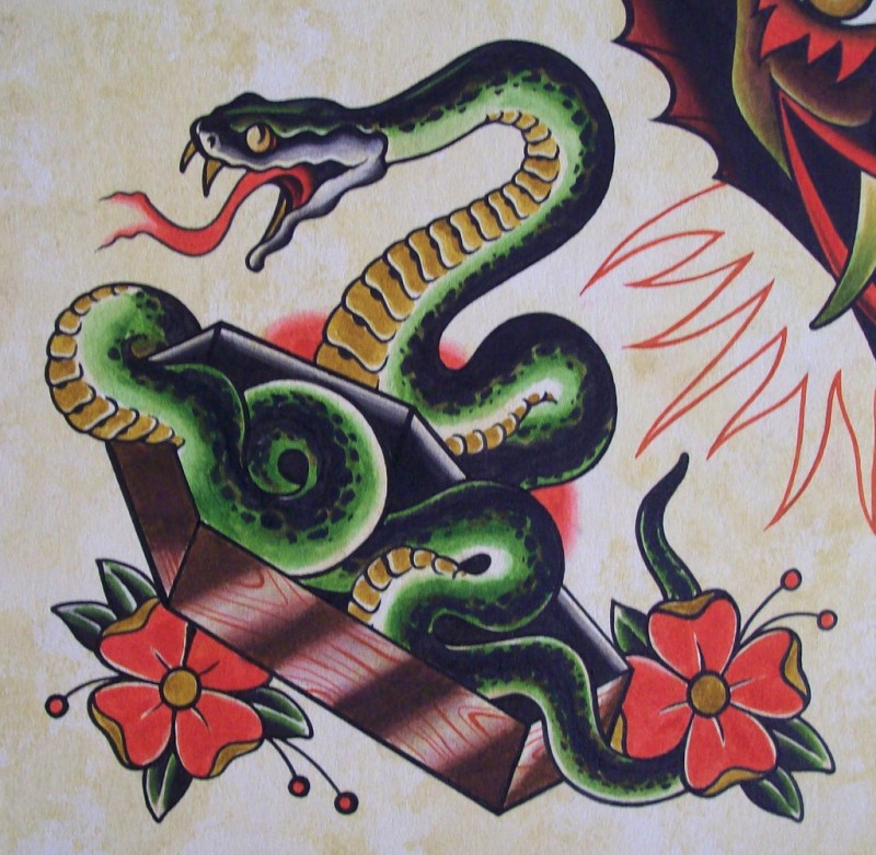 Green old school snake in coffin tattoo design