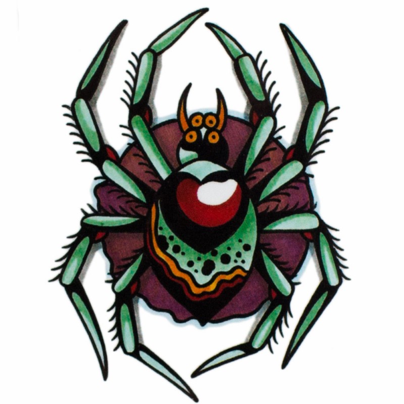 Green old school spider with heart sign tattoo design