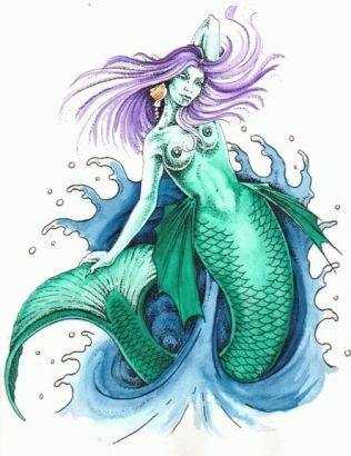 Green purple-haired mermaid dancing in waves tattoo design