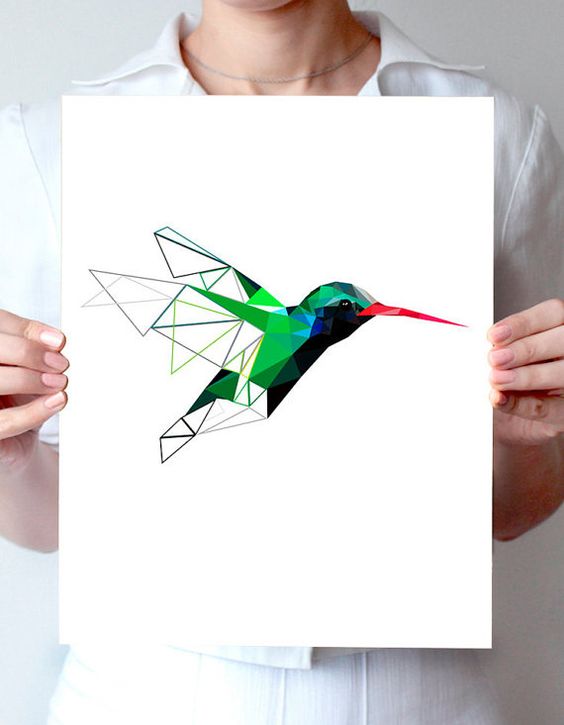 Green red-beak geometric hummingbird tattoo design