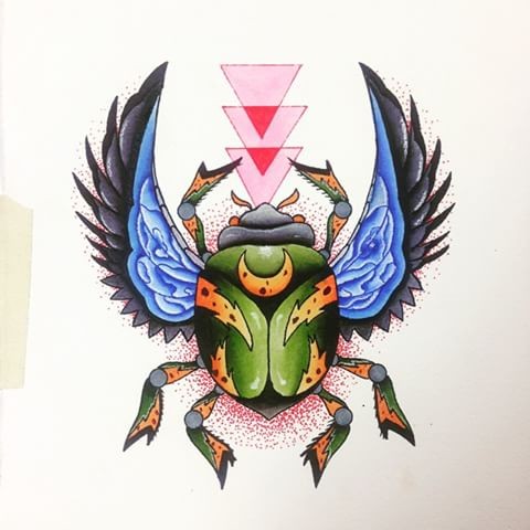 Green scarab bug with orange stripes and blue wings with pink triangle elements tattoo design