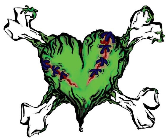 Coração de zumbi com costura verde com desenho de tatuagem de ossos cruzados