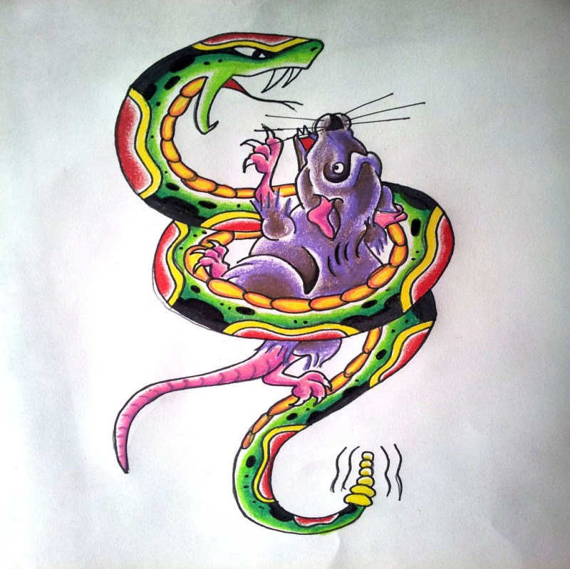 Green spotted snake eating purple rat tattoo by Baronvonsauer