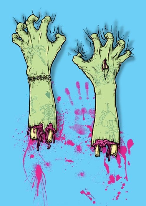 Mãos de zumbi tatuadas verdes com desenho de tatuagem de sangue rosa