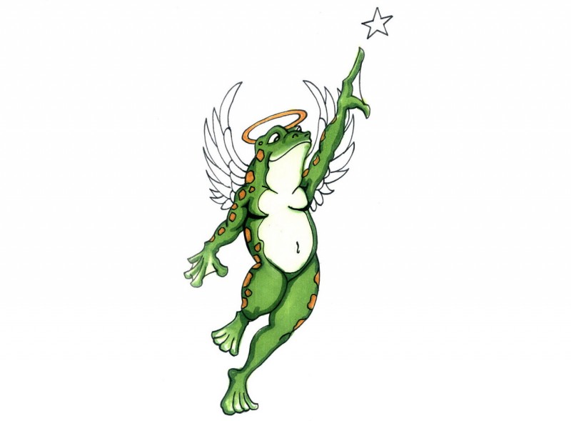 Green watercolor dancing angel frog with golden nimbus tattoo design