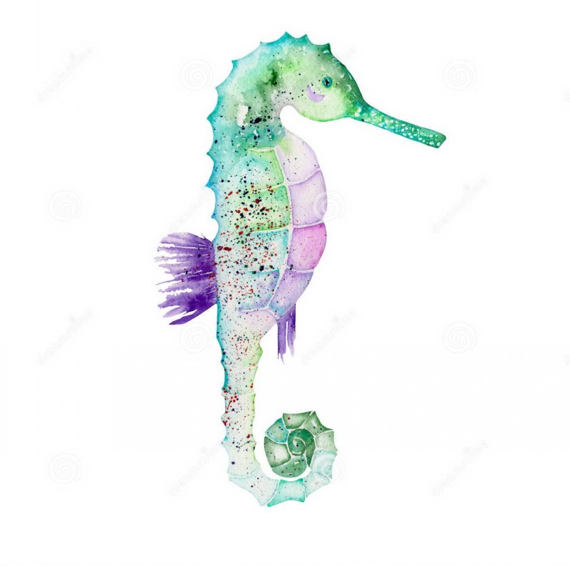 Green watercolor seahorse with purple belly and mane tattoo design