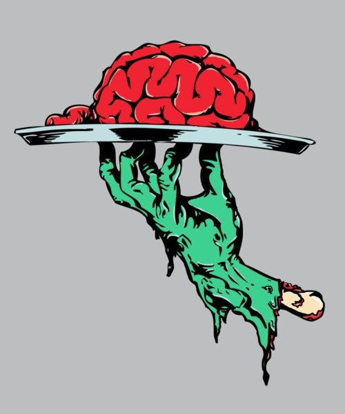 Green zombie hand keeping red brain tattoo design