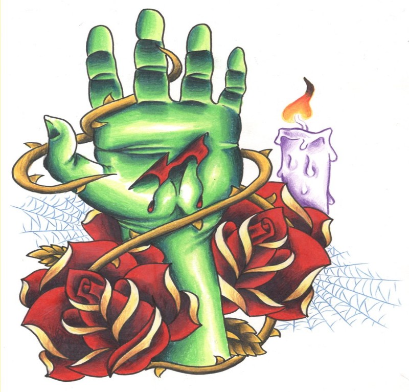 Green zombie hand with bright red roses and shining andle tattoo design by Damianink