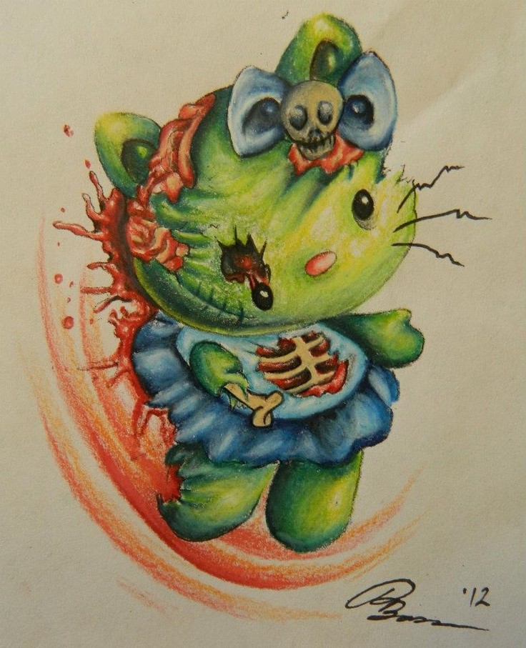 Kitty olá verde zumbi em desenho de tatuagem de vestido azul