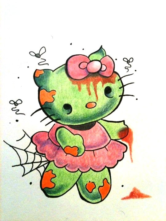 Green zombie olá kitty em design de tatuagem vestido rosa por Jameson Le Strange