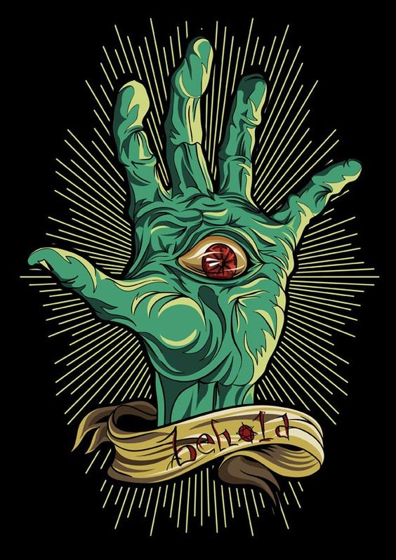Green zombie illuminati hand with a banner tattoo design