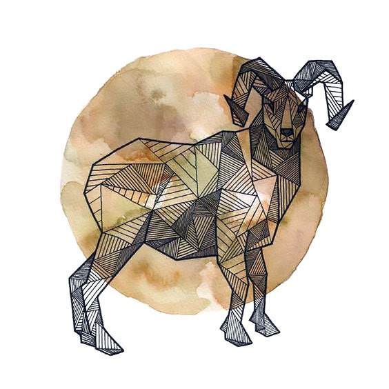 Gret geometric style ram on brown watercolor background tattoo design