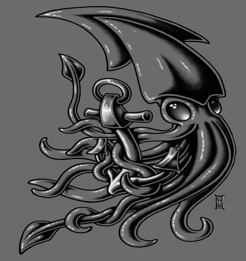Grey-and-black squid water animal with little anchor tattoo design by Myandra