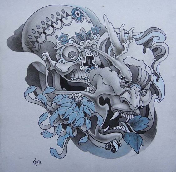 Grey-and-blue patterned skull wearind a demon mask tattoo design