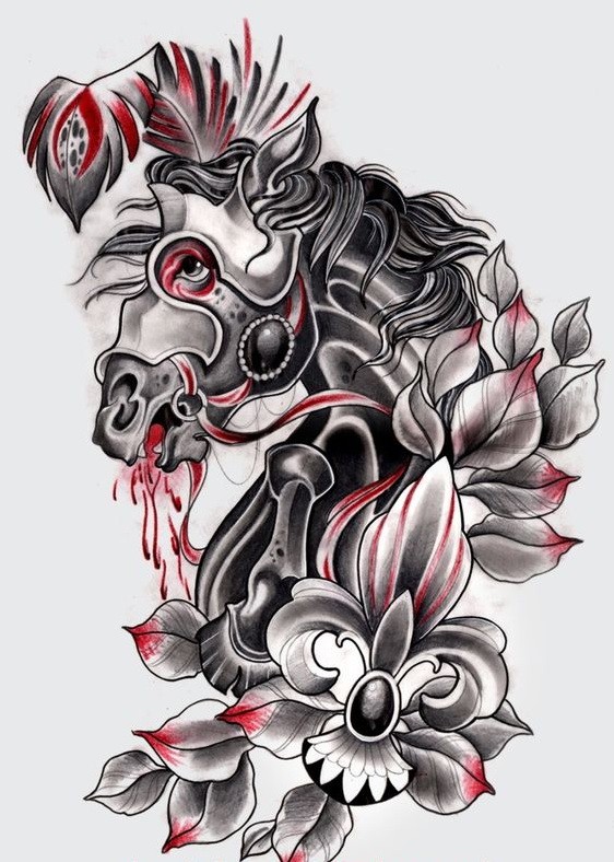 Grey-and-red horse with leaves and flur de lis tattoo design