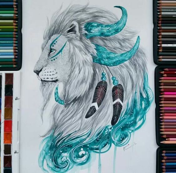 Grey-and-turquoise horned lion with feathers tattoo design