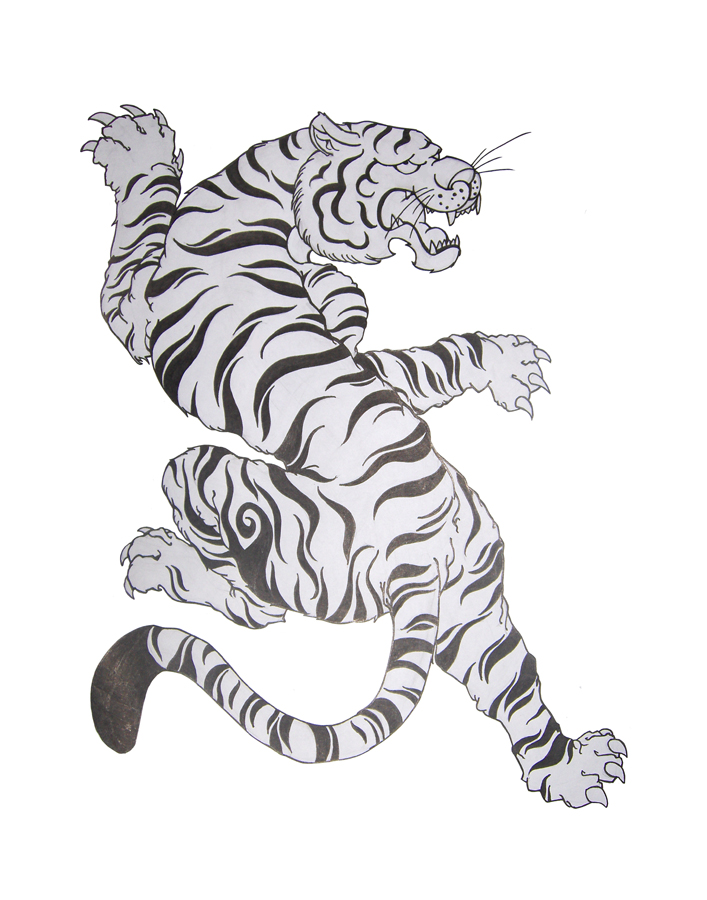 Grey-and-white climbing tiger tattoo design by Cheeraw