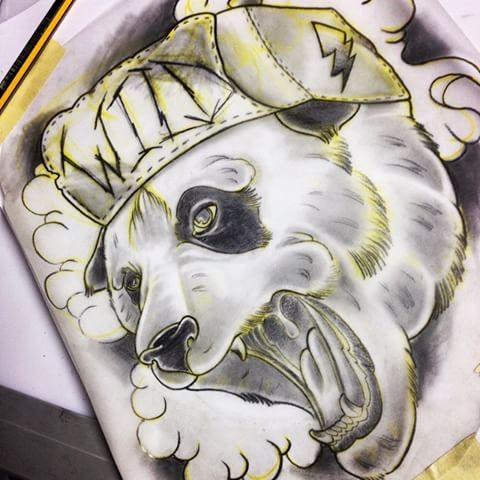 Grey-and-yellow crying panda in cap tattoo design