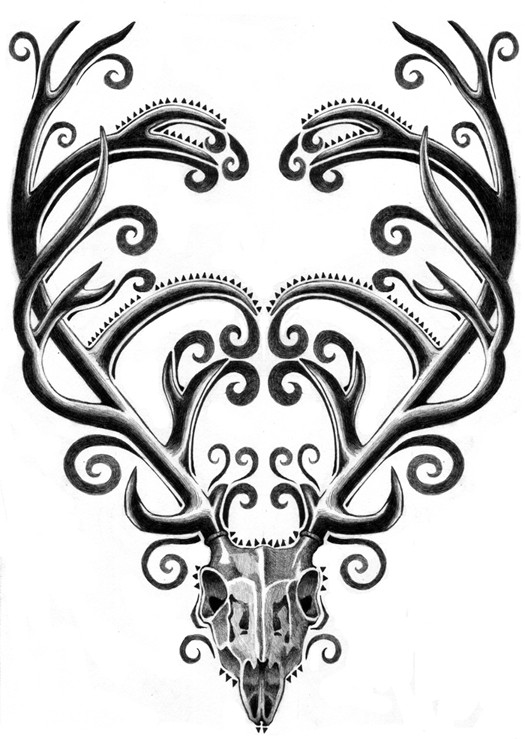 Grey-color deer with gigant swirly horns tattoo design