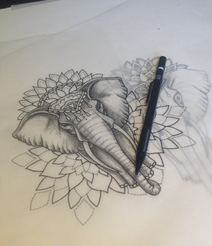 Grey-color elephant on mandala background tattoo design