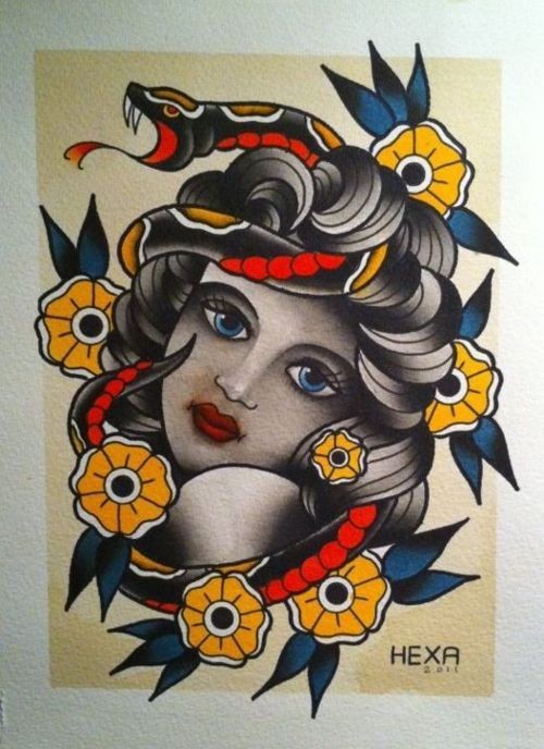 Grey-color girl portrait and flowered snake tattoo design