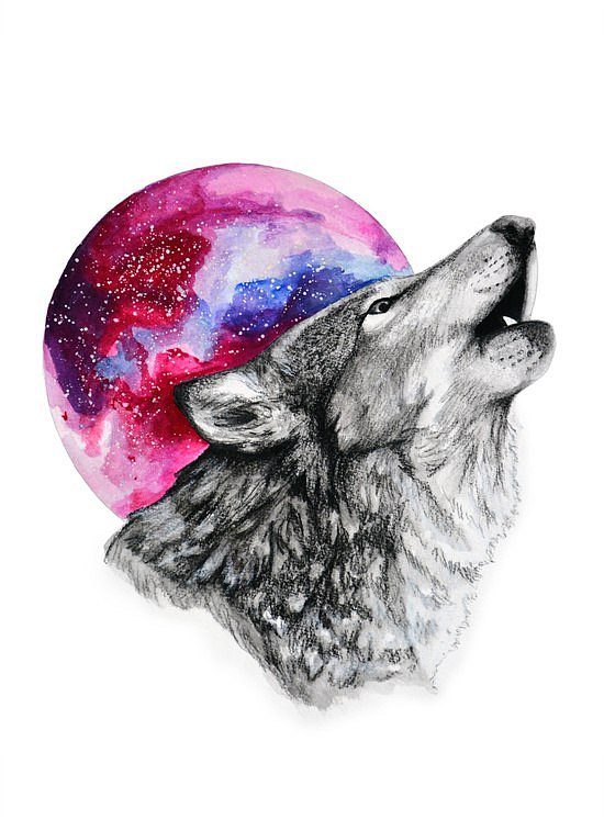 Grey-color howling wolf and full purple moon tattoo design