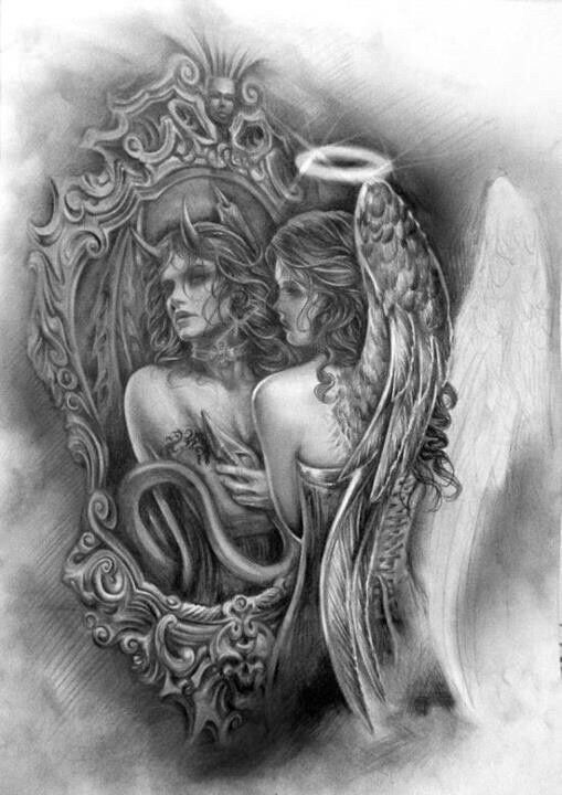 Menina anjo de tinta cinza refletindo no espelho como um desenho de tatuagem demonl
