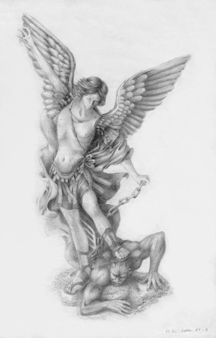 Anjo de tinta cinzenta heo e demônio acorrentado sob o desenho de tatuagem de pernas