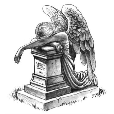 Anjo de tinta cinzenta perto da tribuna morta com um desenho de tatuagem de luto