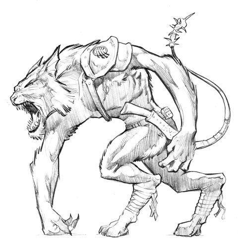 Grey-ink armoured screaming werewolf tattoo design