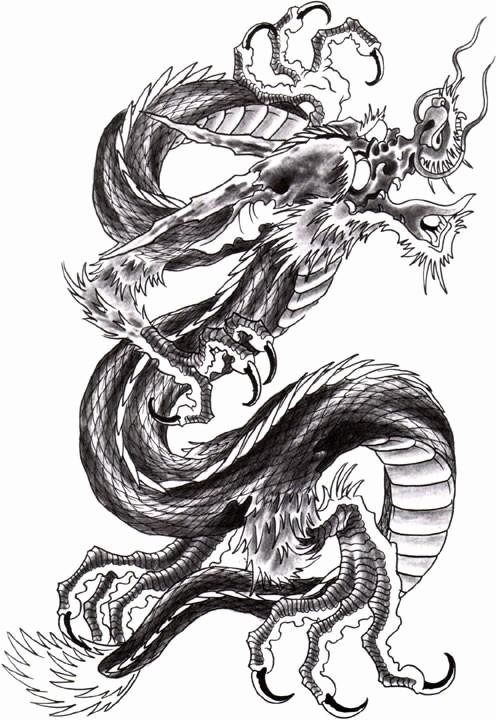 Grey-ink asian dragon crying from pain tattoo design