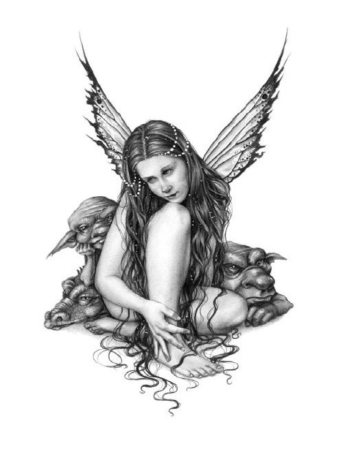 Grey-ink bead-decorated fairy sitting with trolls tattoo design