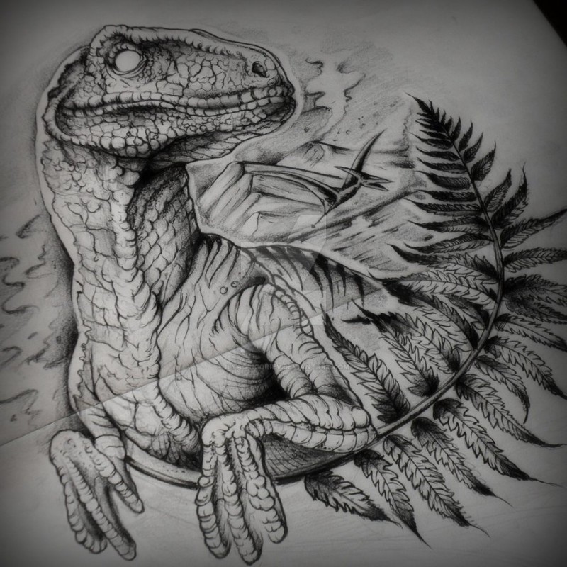 Grey-ink blind dinosaur with fluffy tree branches tattoo design by Ilyagrigoriev