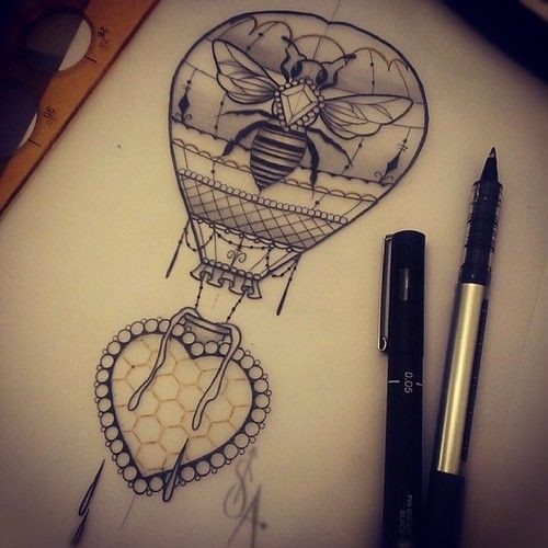 Grey-ink bug printed balloon with heart load tattoo design