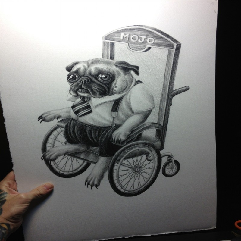 Grey-ink bulldog bussinesman in wheelchair tattoo design