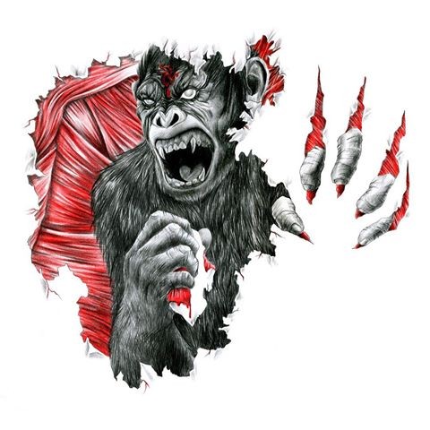Grey-ink chimpanzee on red muscular background tattoo design