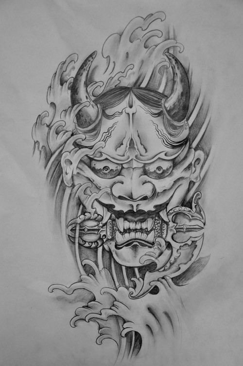 Grey-ink chinese devil with a buddhist vajras in teeth tattoo design