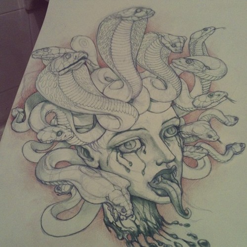 Grey-ink crying medusa gorgona on red shining background tattoo design by Annubis Eyes