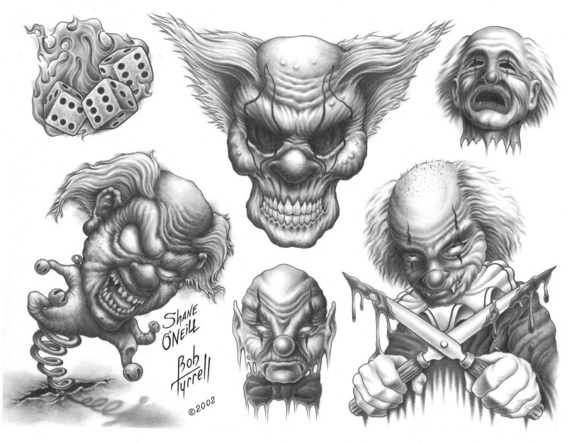 Cinza-tinta demônio clawn enfrenta desenhos de tatuagem