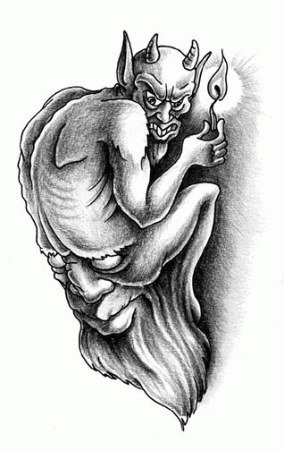 Grey-ink demon with face butts keeping a candle tattoo design