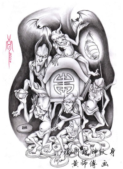 Grey-ink demons walking on chinese coins tattoo design