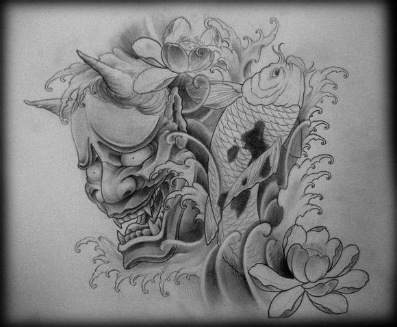 Grey-ink devil and koi fish splashing in water tattoo design