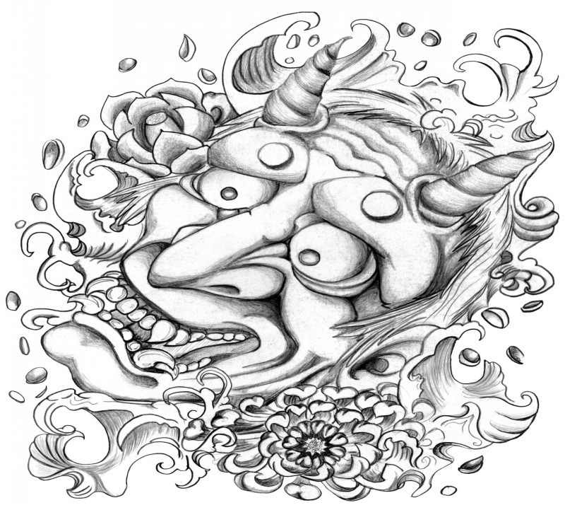 Diabo cinza-tinta com rosa e peônia no desenho de tatuagem de fundo de água por Anatane