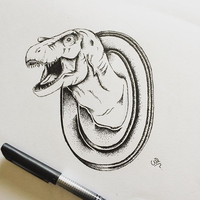 Grey-ink dinosaur head looking out of dotwork portal tattoo design