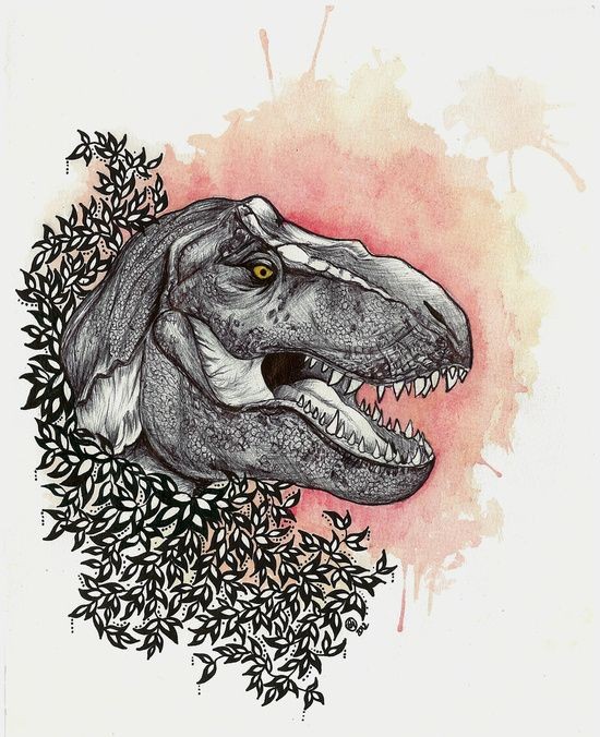 Grey-ink dinosaur in leaved bush on red shine background tattoo design